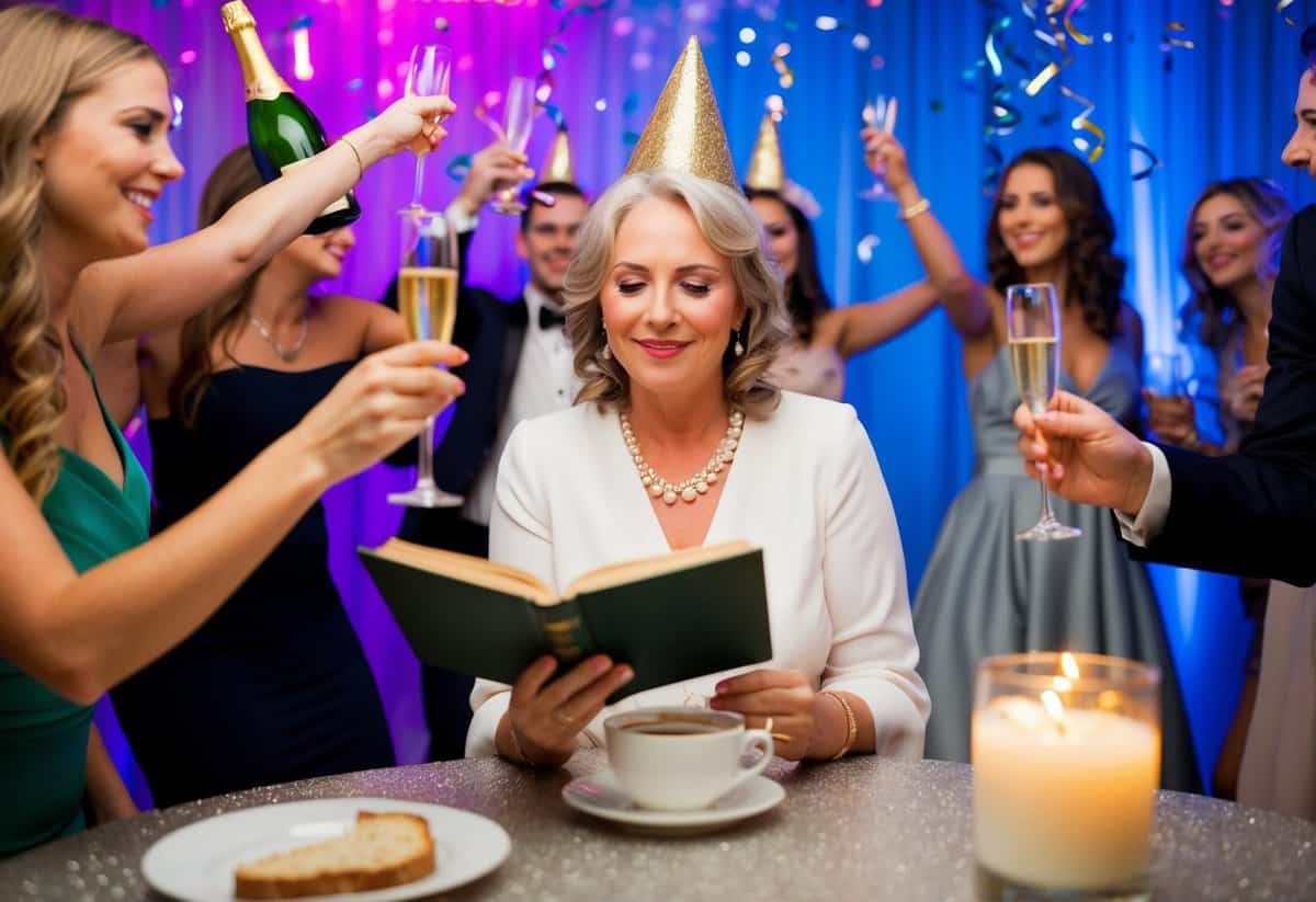 A festive bachelorette party with champagne, confetti, and dancing. A spinster enjoys a quiet evening with a book and a cup of tea