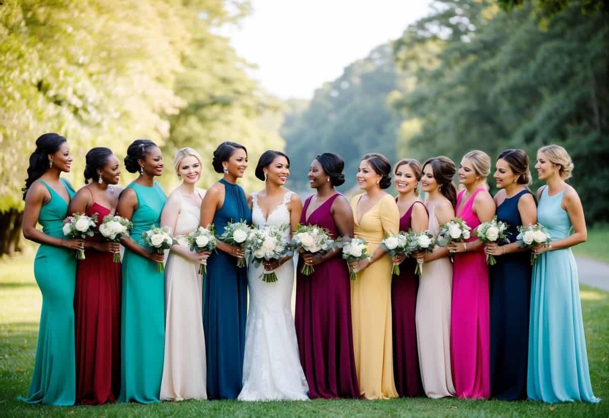 A diverse group of women stand together, each adorned in a unique bridesmaid dress, showcasing inclusivity in the bridal party