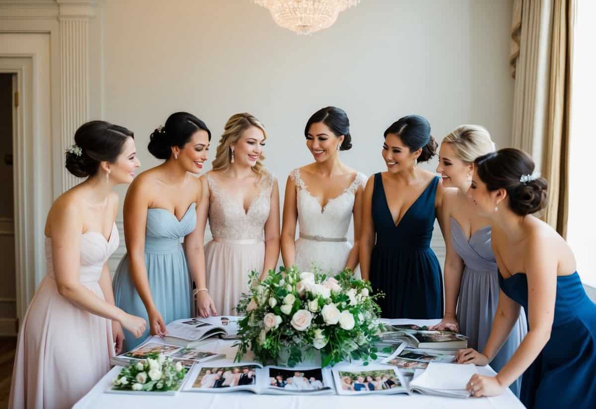A group of women in elegant dresses gather around a table covered with wedding magazines and floral arrangements, discussing bridesmaid duties