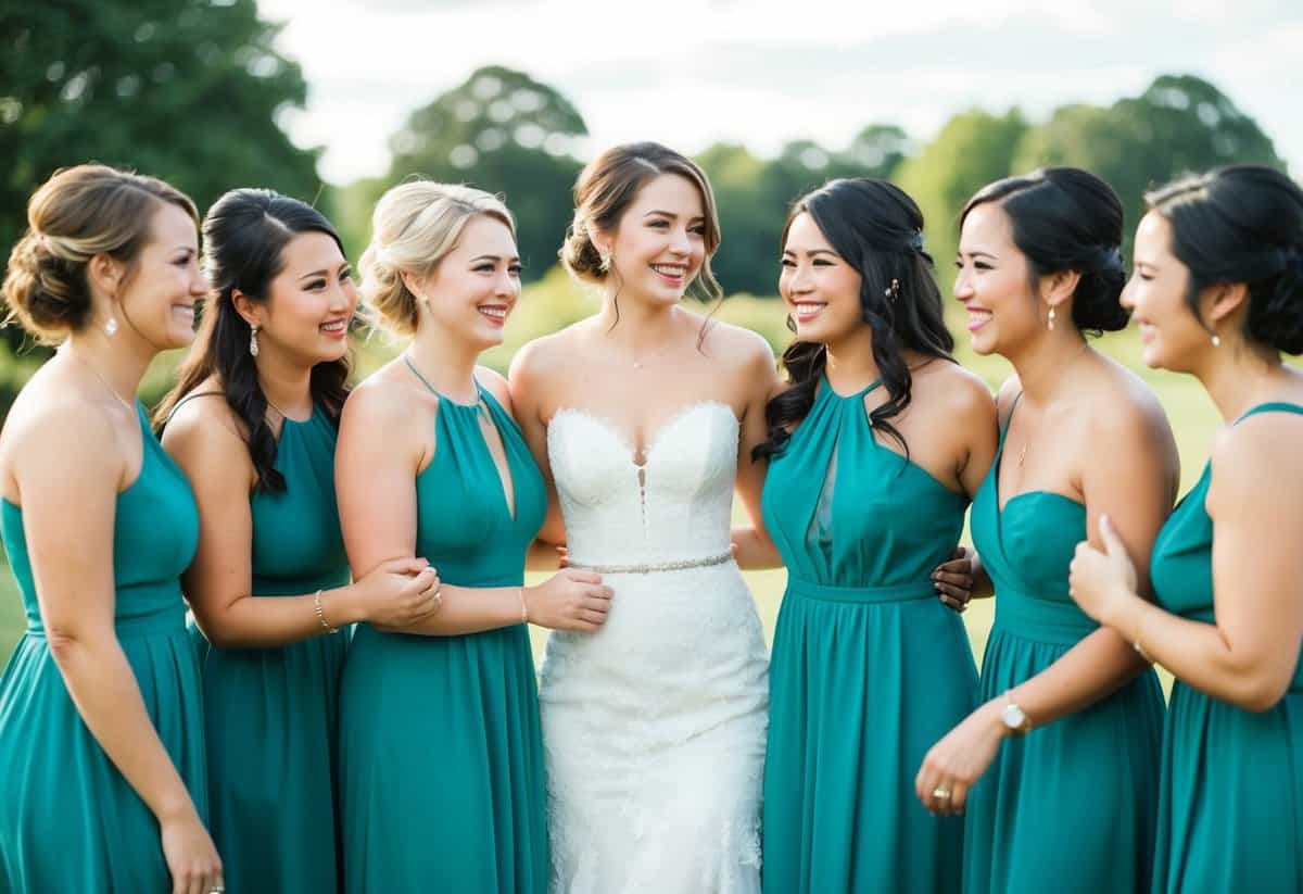 A group of women standing together, one wearing a bridesmaid dress, while others smile and interact with her