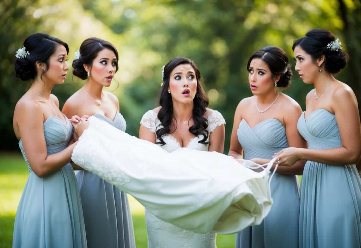 A bridesmaid looking confused while holding a wedding dress upside down