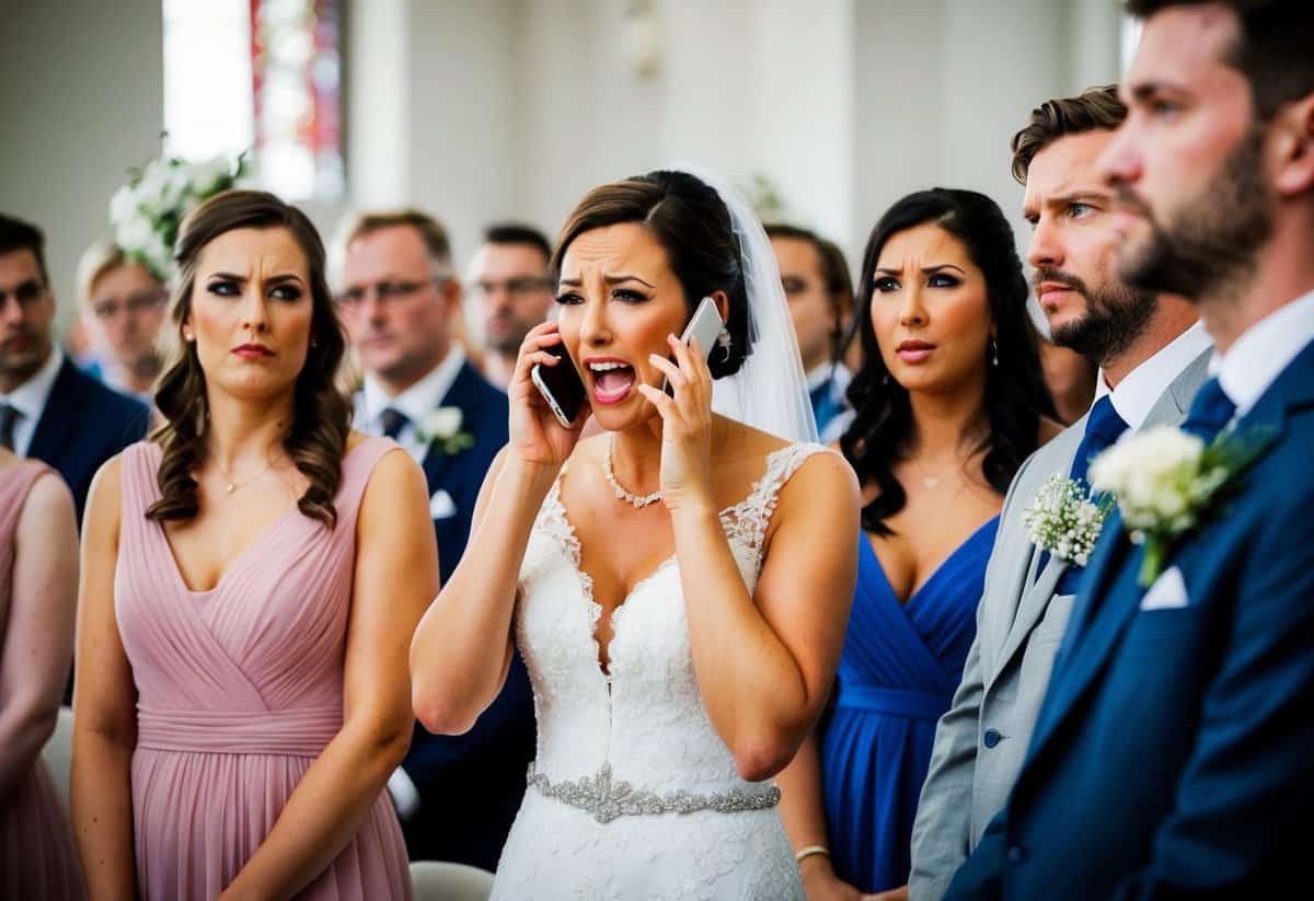 A bridesmaid talking loudly on her phone during the ceremony, while others look on disapprovingly
