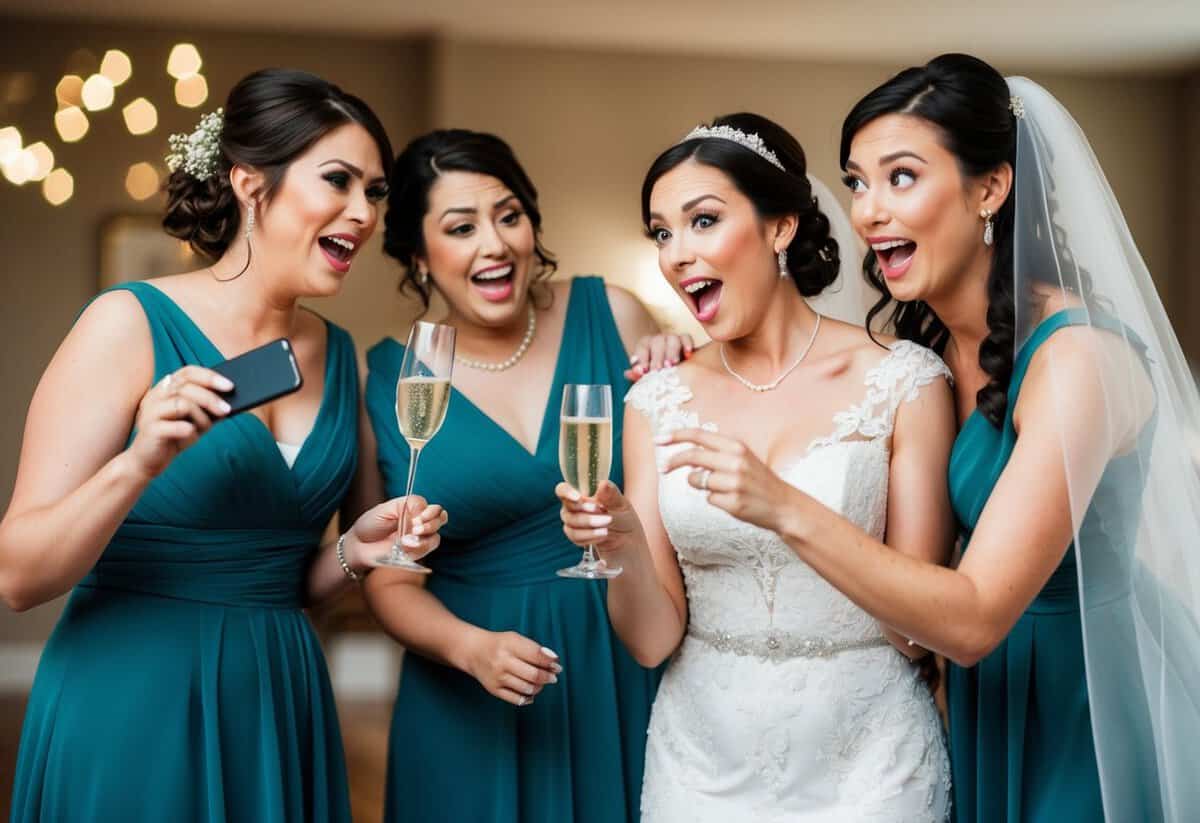 A bridesmaid knocking over a glass of champagne while trying to take a selfie with the bride