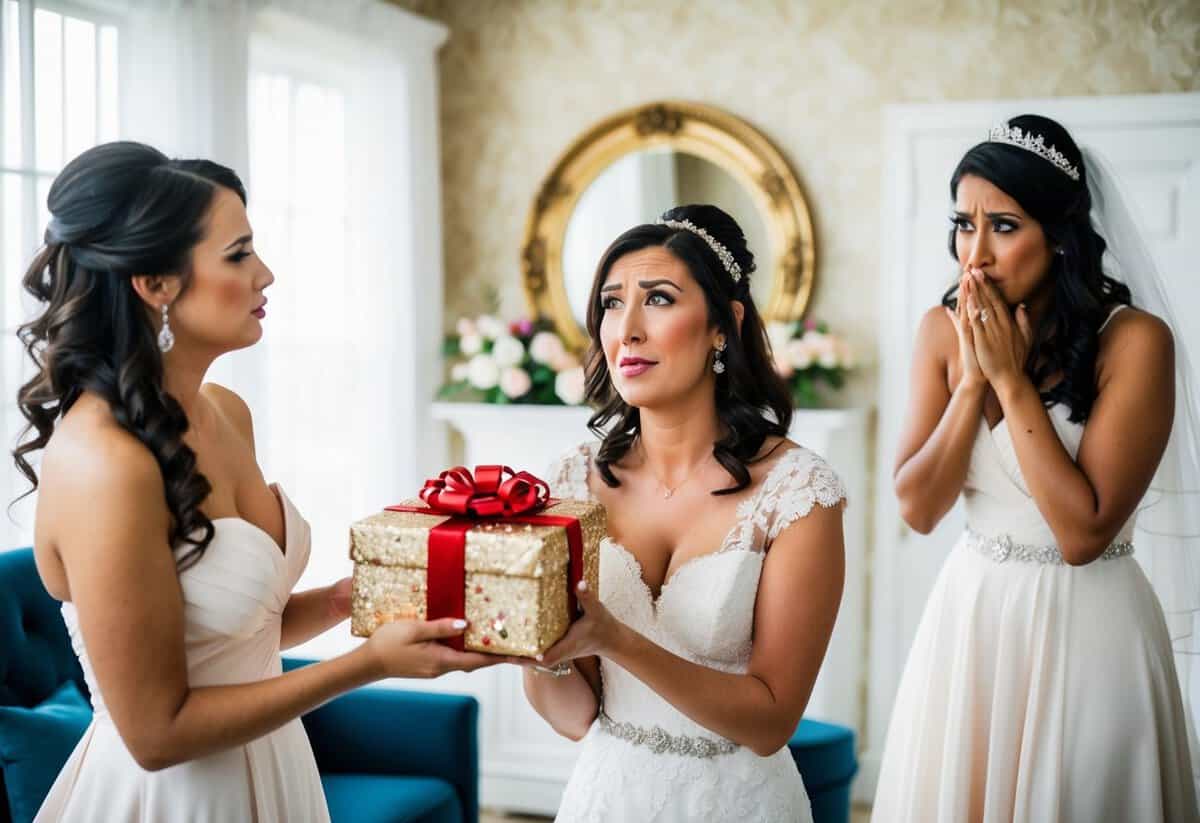 A bridesmaid receiving an extravagant gift and looking uncomfortable as the bride looks on disapprovingly