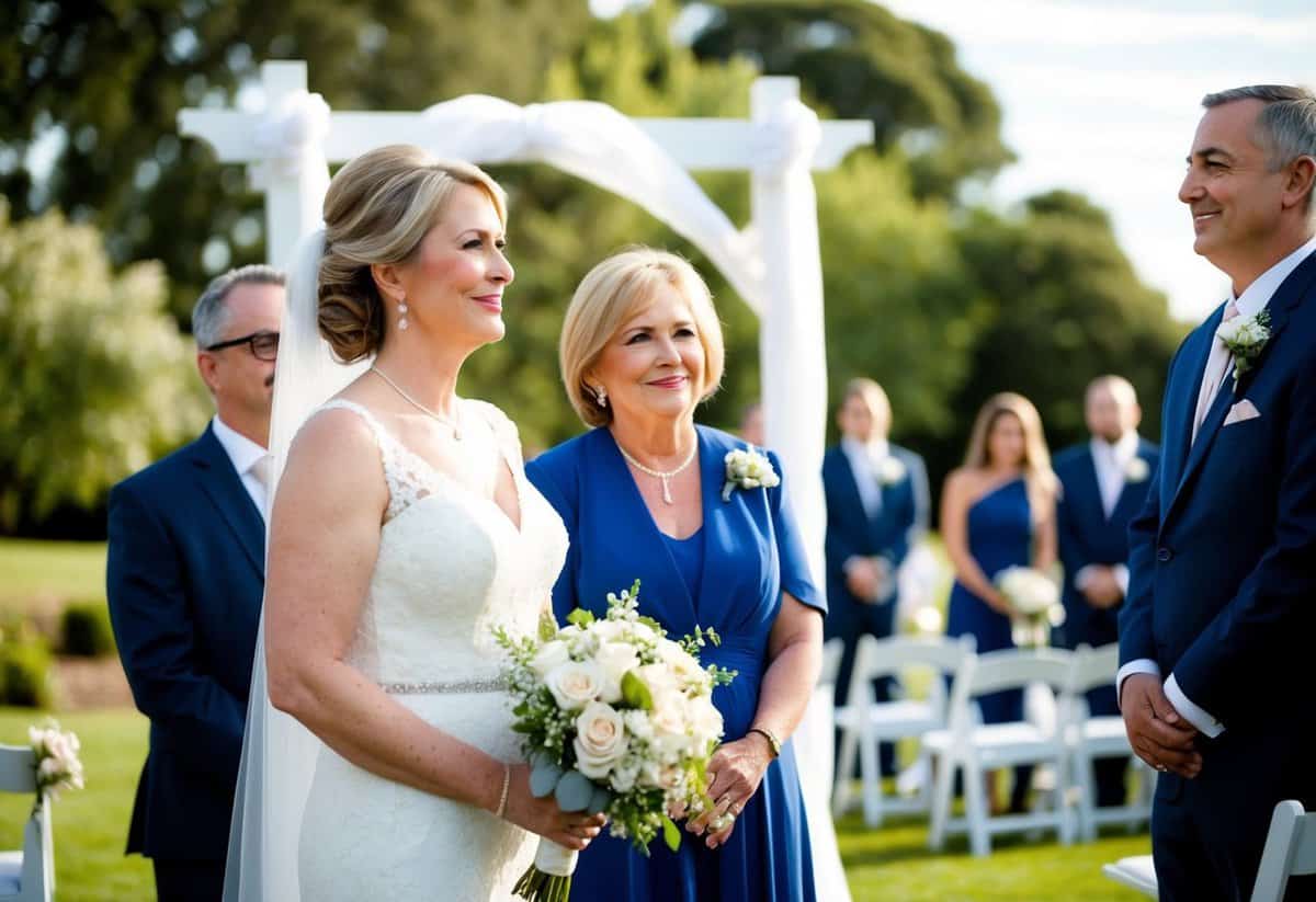 The mother of the bride stands beside the wedding arch, holding a bouquet and looking on with pride as the ceremony begins