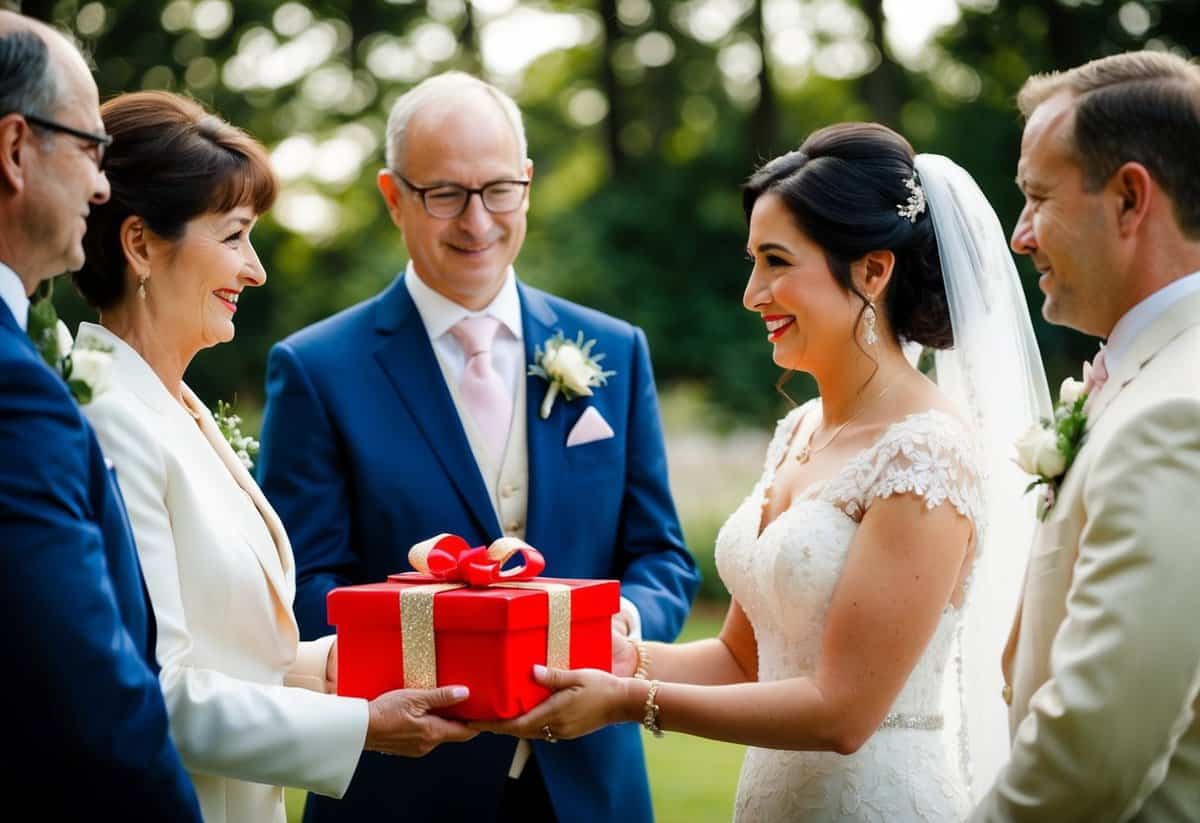The bride's parents present a gift to the groom, symbolizing tradition and etiquette in a wedding ceremony