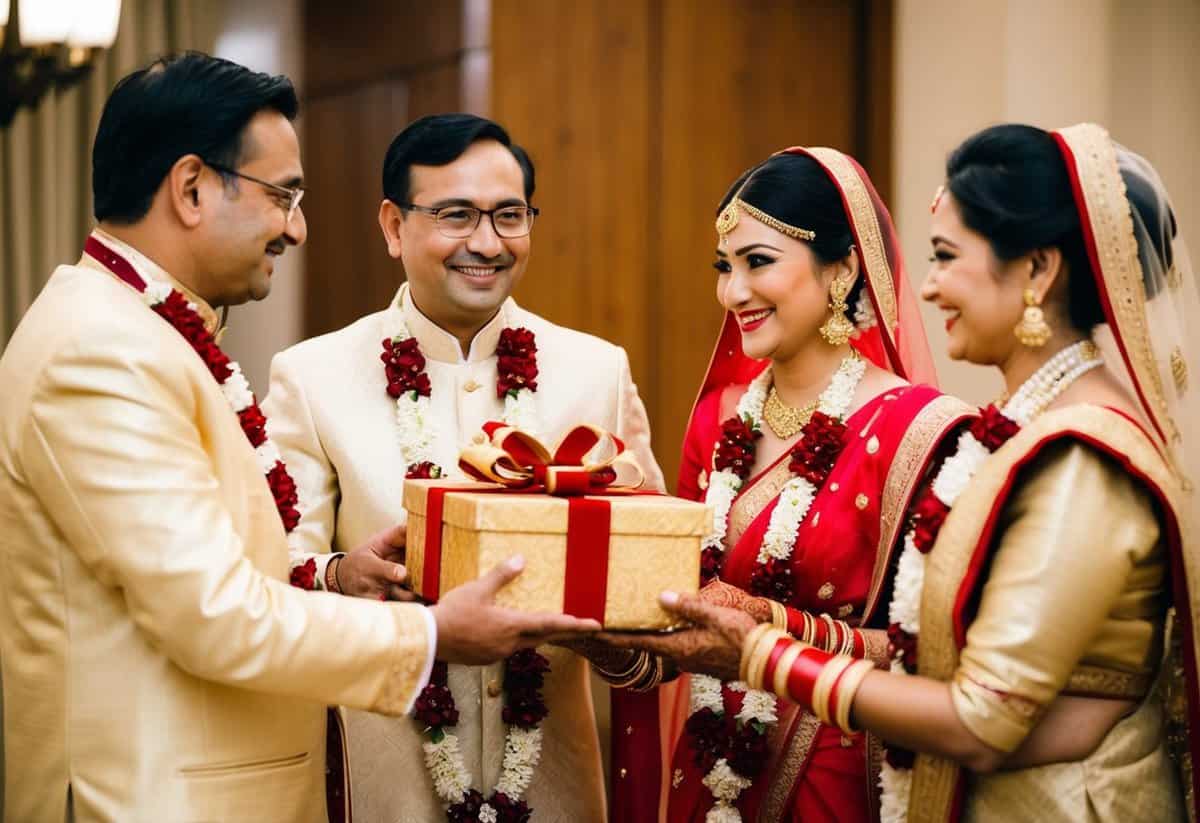 The bride's parents present a gift to the groom during pre-wedding events