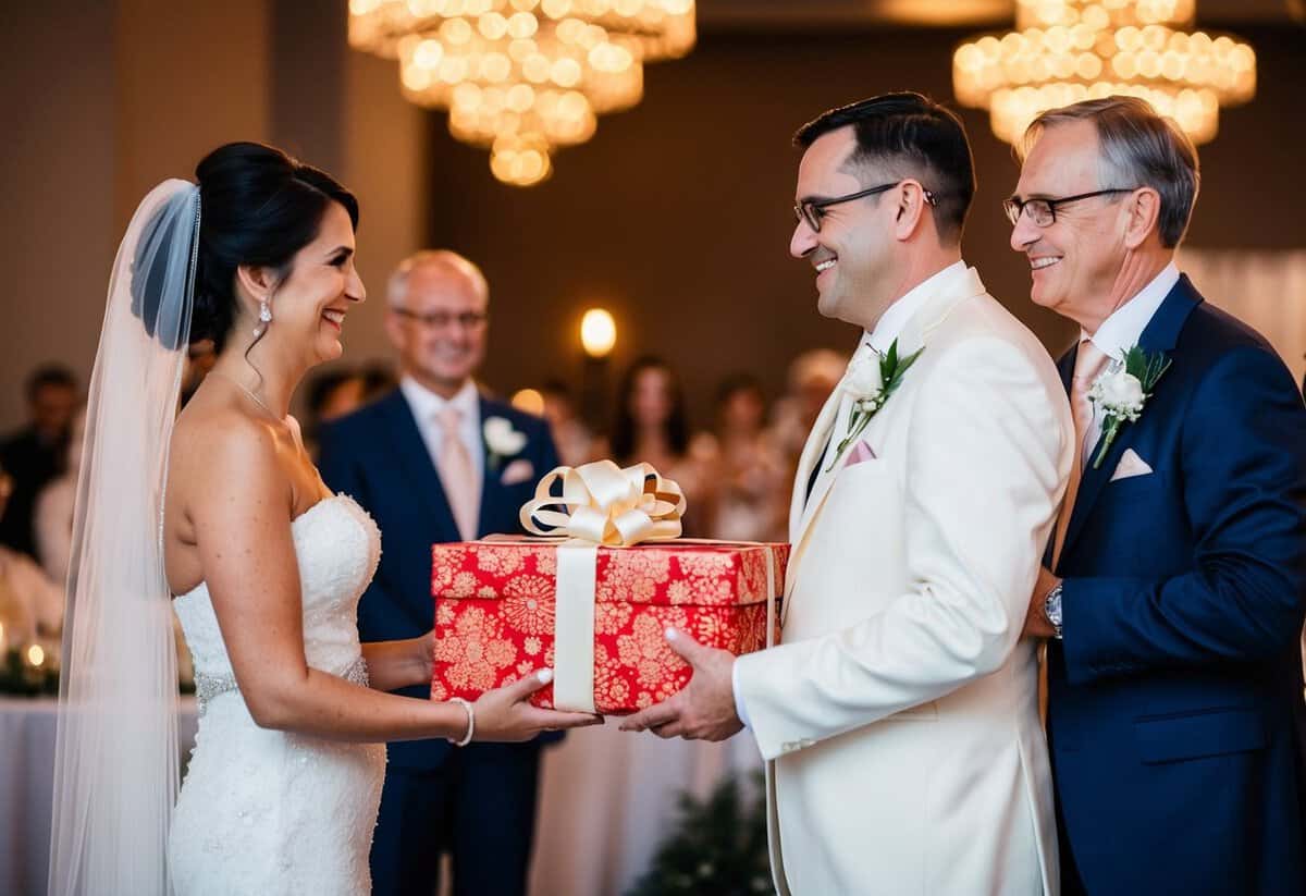 The bride's parents present a gift to the groom during the wedding reception