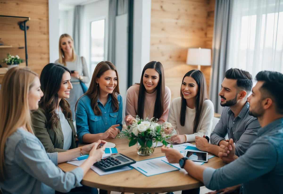A group of friends gather around a table, discussing and calculating the cost of accommodations and transportation for a bachelorette party