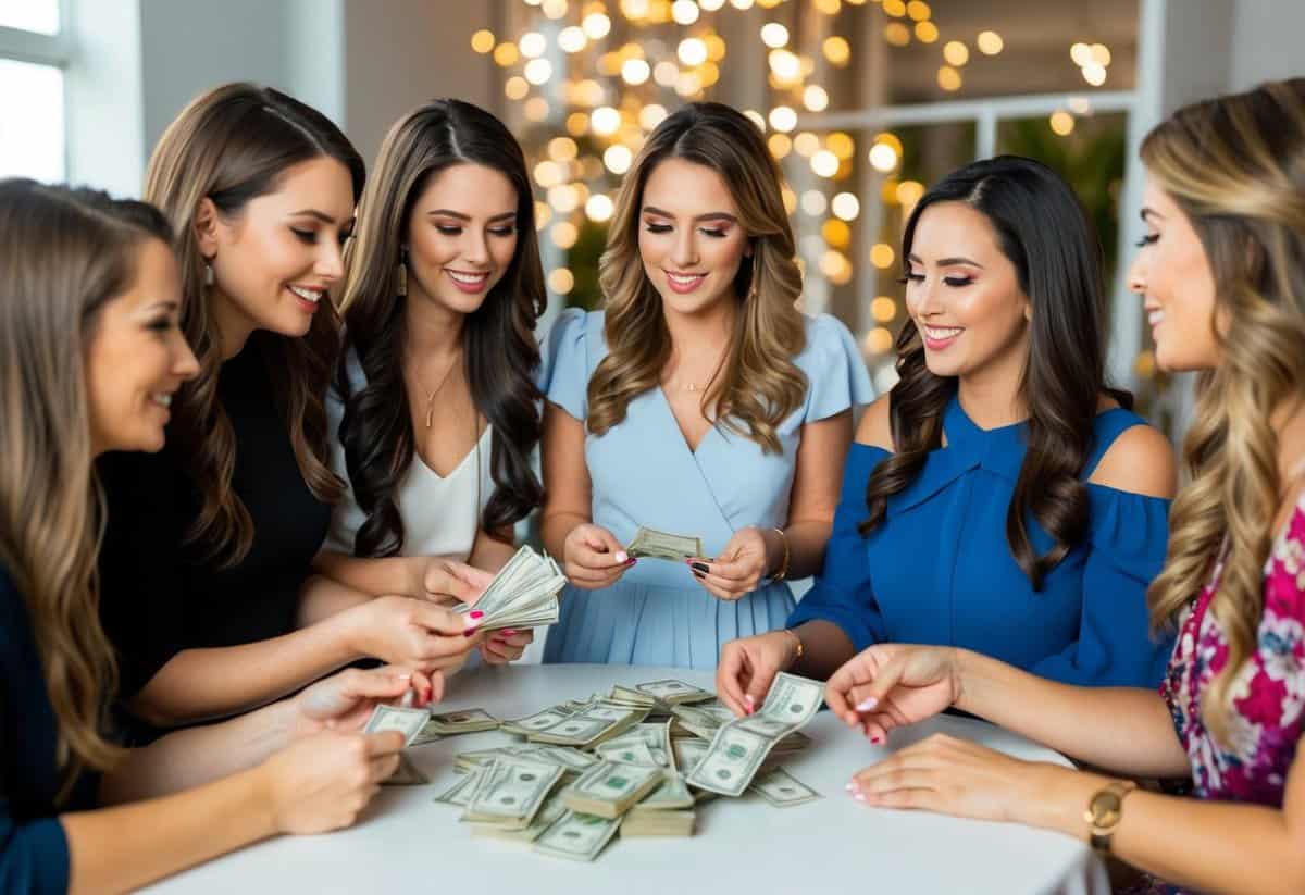 A group of women gather around a table, counting money and discussing the cost of bachelorette party extras and favors