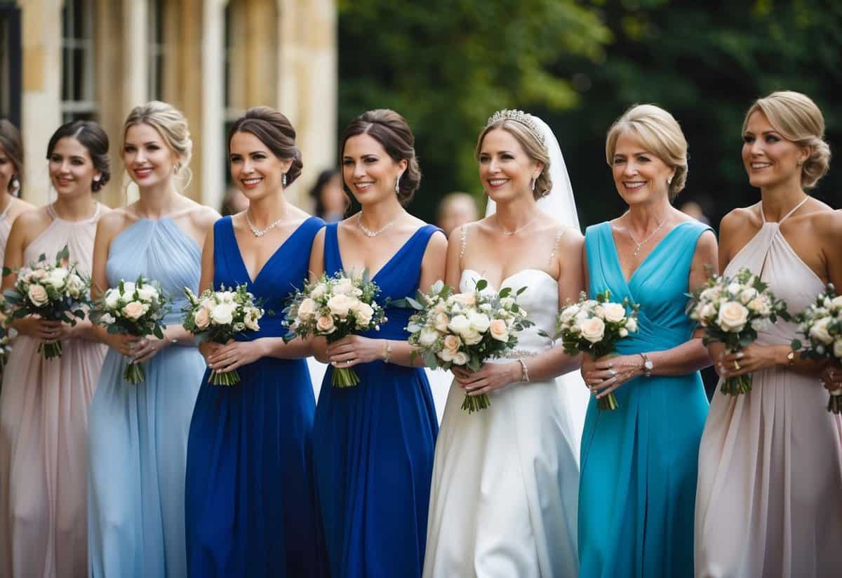 A group of elegantly dressed women stand in a row, holding bouquets and smiling as they walk down the aisle at a traditional British wedding