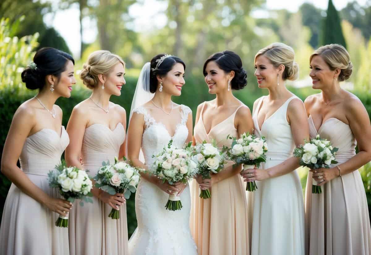 A group of women in elegant dresses stand beside the bride, holding bouquets and assisting with wedding preparations