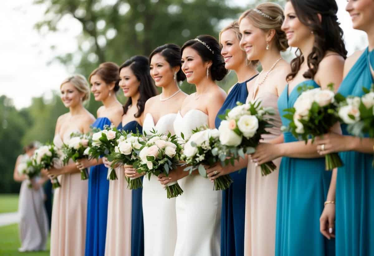 A group of women in elegant dresses stand in a line, holding bouquets and smiling as they prepare to walk down the aisle