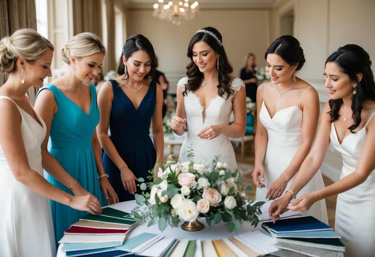 A group of women in elegant dresses gather around a table covered in fabric swatches and floral arrangements, discussing the details of the upcoming wedding