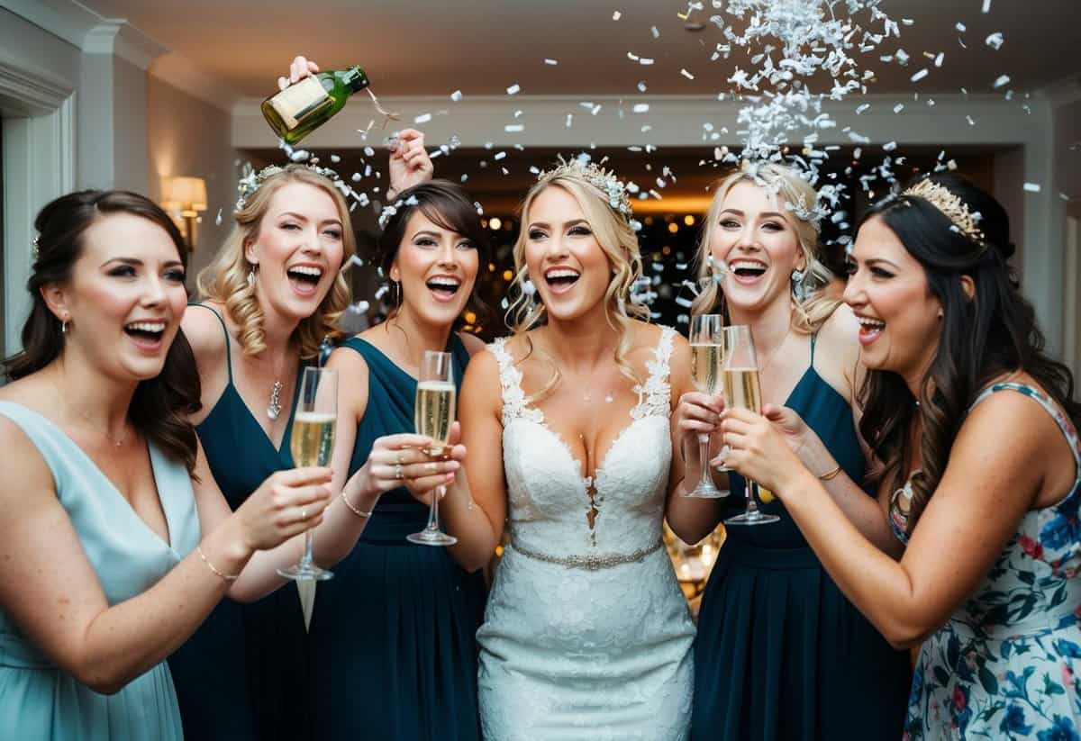 Bridesmaids celebrating with champagne and confetti at a post-wedding party in the UK