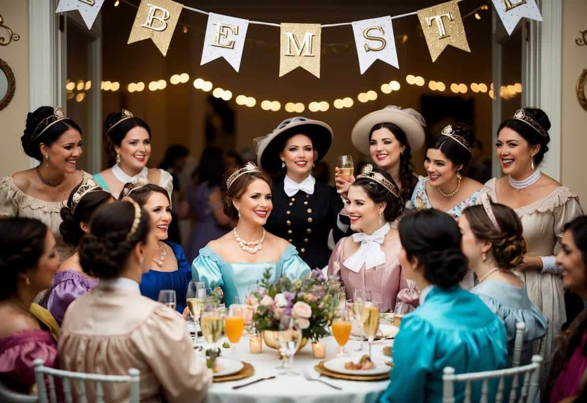 A group of women in 19th century attire gather for a celebration, with banners and decorations indicating a bachelorette party