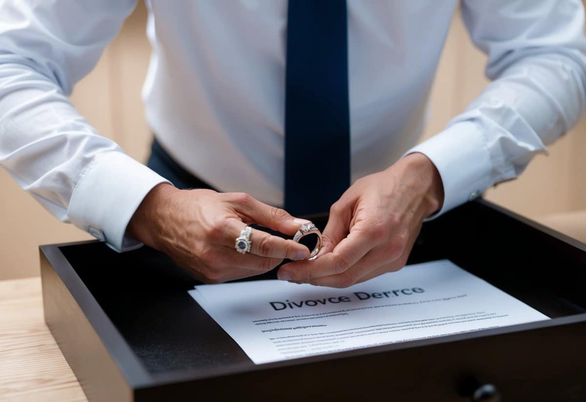 A man removing a wedding ring and placing it in a drawer, next to a legal document titled "Divorce Decree."