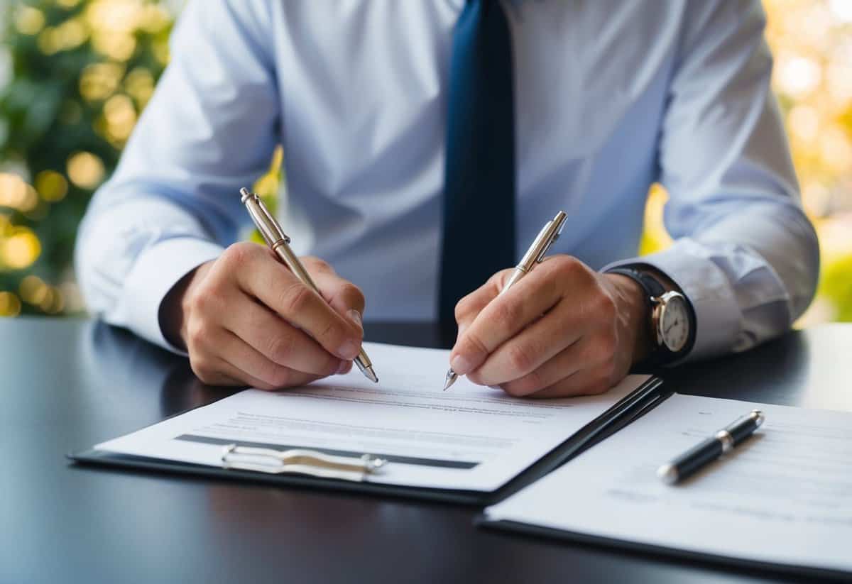 A man signing divorce papers while holding a wedding ring