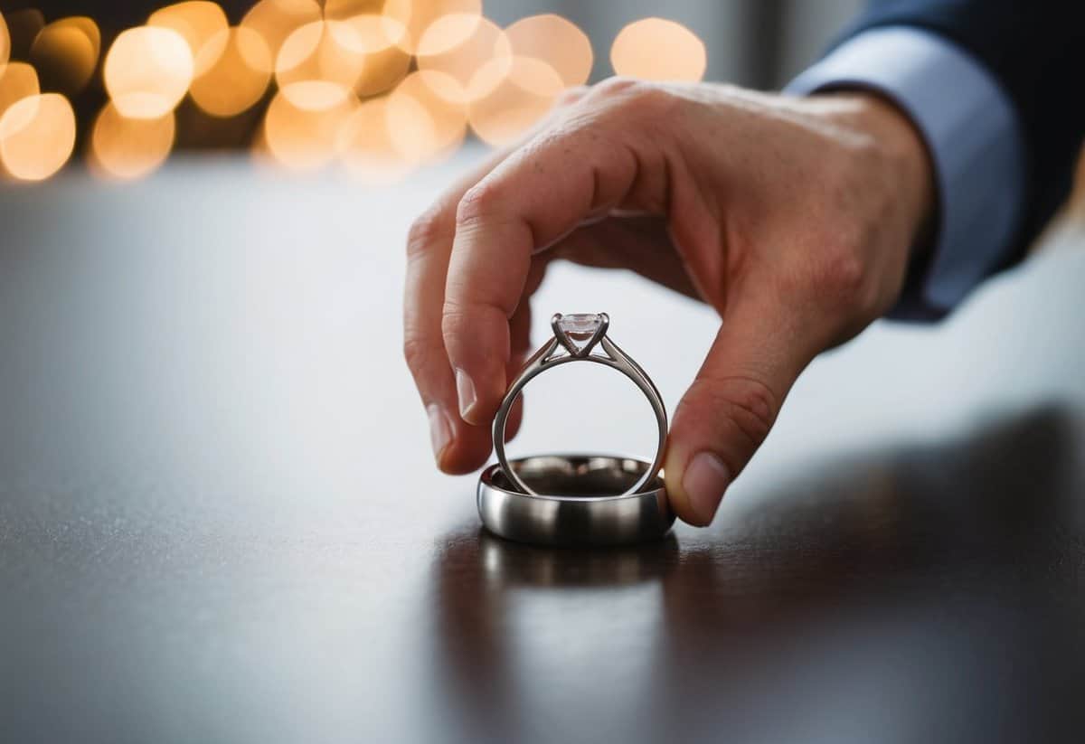 A single man's wedding ring being removed and placed on a table