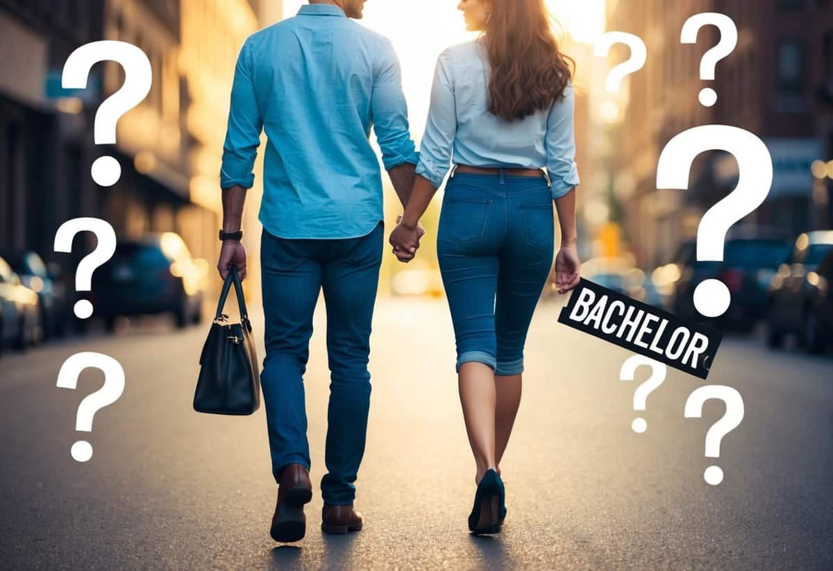 A man holding hands with a woman while walking, surrounded by question marks and the word "bachelor" crossed out