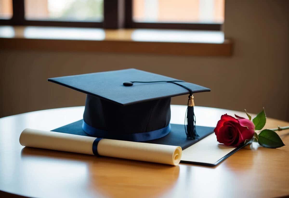 A graduation cap and diploma on a table, with a single red rose next to them