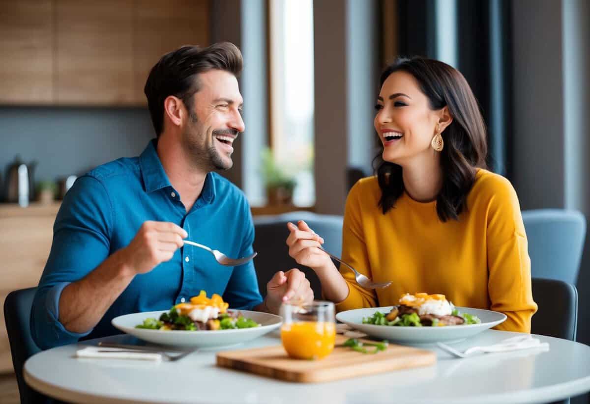 A man and a woman sit at a table, laughing and sharing a meal together. They appear happy and comfortable in each other's company
