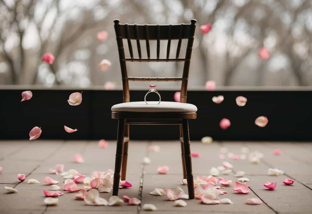 A single chair surrounded by scattered rose petals and a wedding ring