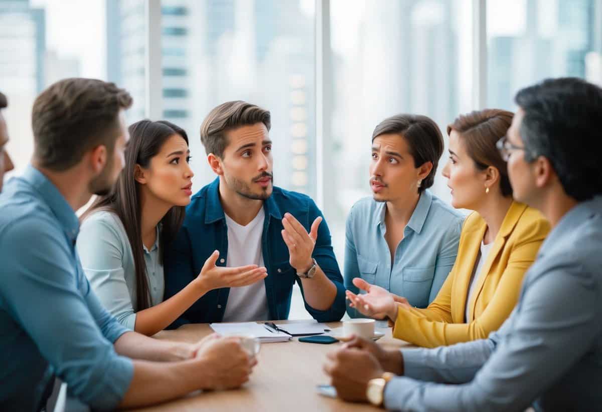 A man with a girlfriend is questioned by a group of people, each with different opinions and expressions