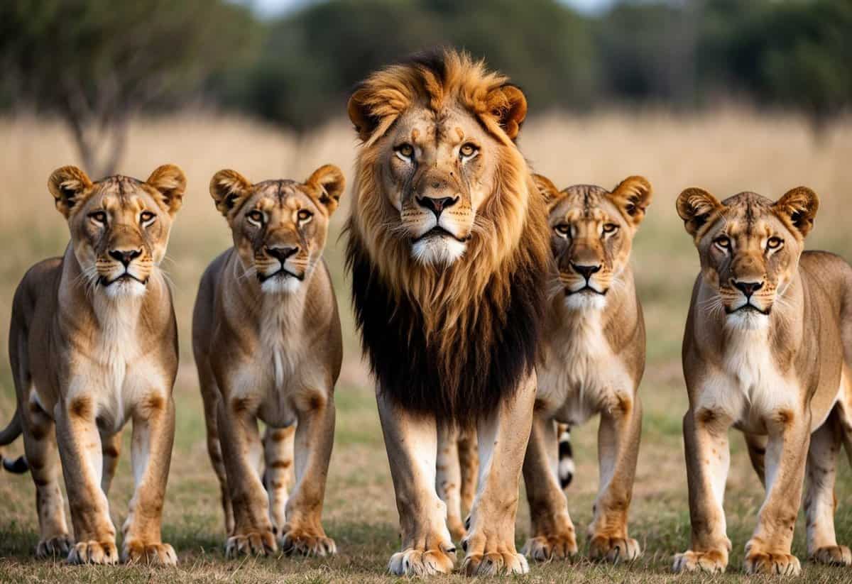 A lion surrounded by lionesses, the dominant male with a proud stance, while the others look on attentively
