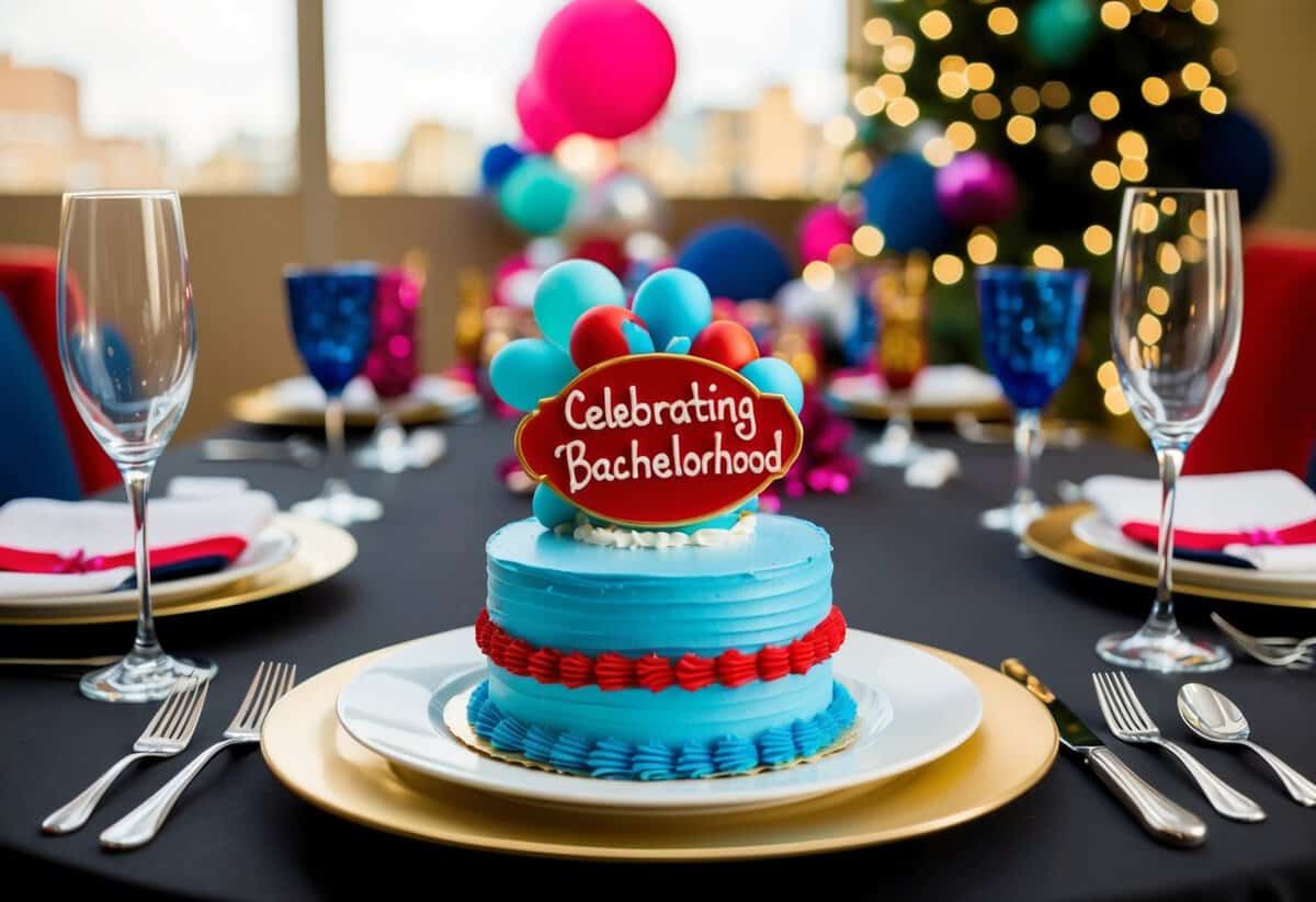 A festive table set for one, adorned with bachelor-themed decorations and a cake with the words "celebrating bachelorhood" written in icing