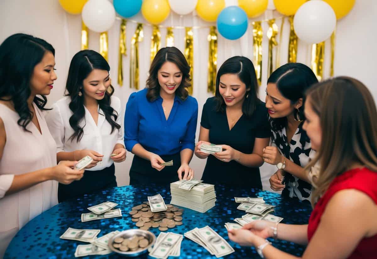 A group of women gather around a table covered in party decorations, discussing expenses and counting money. A stack of bills and a pile of coins are visible