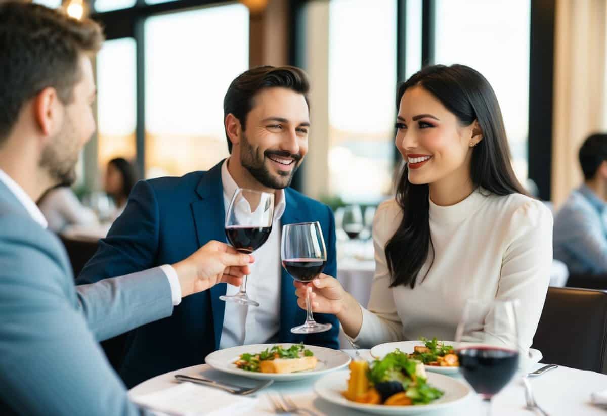 A man and a woman sitting together at a restaurant table, smiling and toasting with glasses of wine