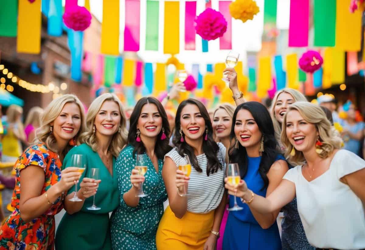 A group of women celebrating at a lively destination, with vibrant decorations and a festive atmosphere