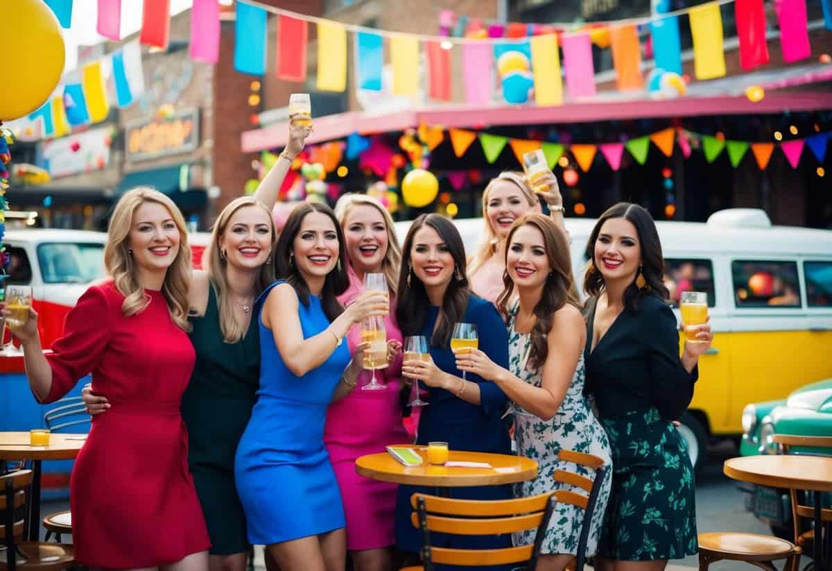 A group of women celebrating at a lively bar, surrounded by colorful decorations and a variety of transportation options outside