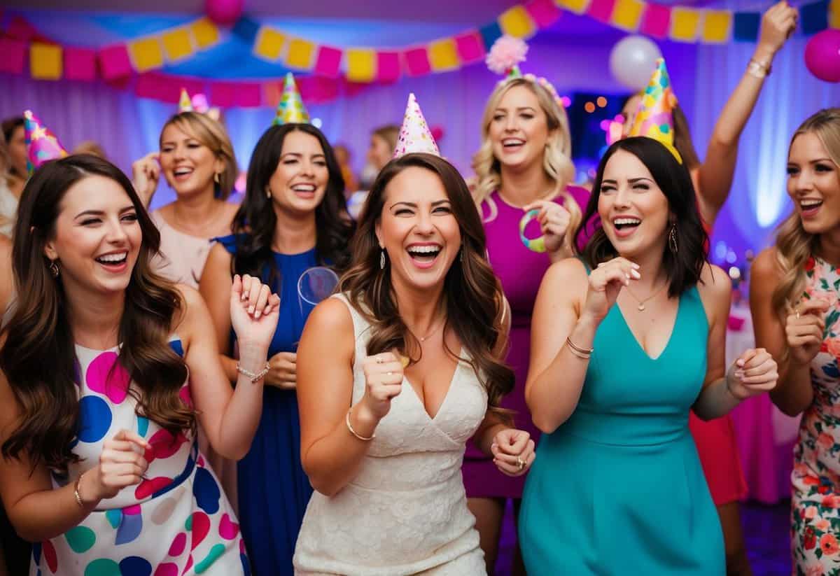A group of women laughing and dancing at a lively hen party with colorful decorations and games