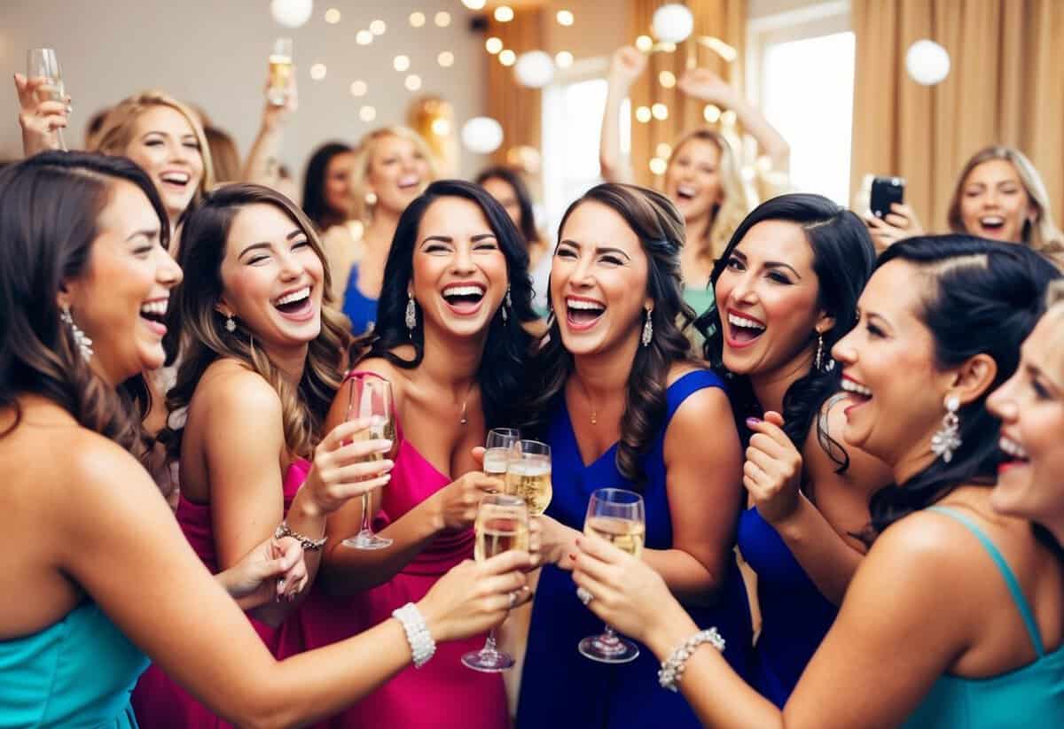 A group of women laughing and celebrating at a lively bachelorette party, with the maid of honour taking charge and organizing the festivities