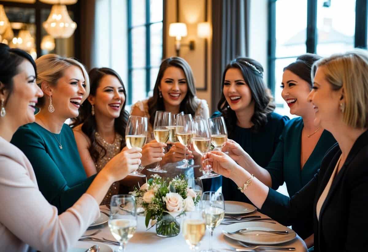 A group of women gather at a chic restaurant, laughing and clinking glasses while the maid of honour takes care of the bill for the hen do