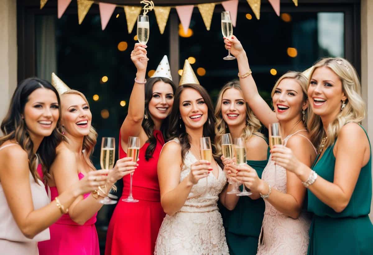 A group of women celebrating with champagne and decorations at a bachelorette party