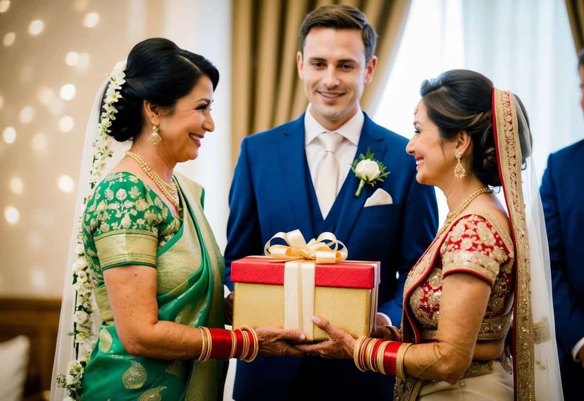 The mother of the groom presents a gift to the bride, symbolizing support and acceptance in a pre-wedding ceremony