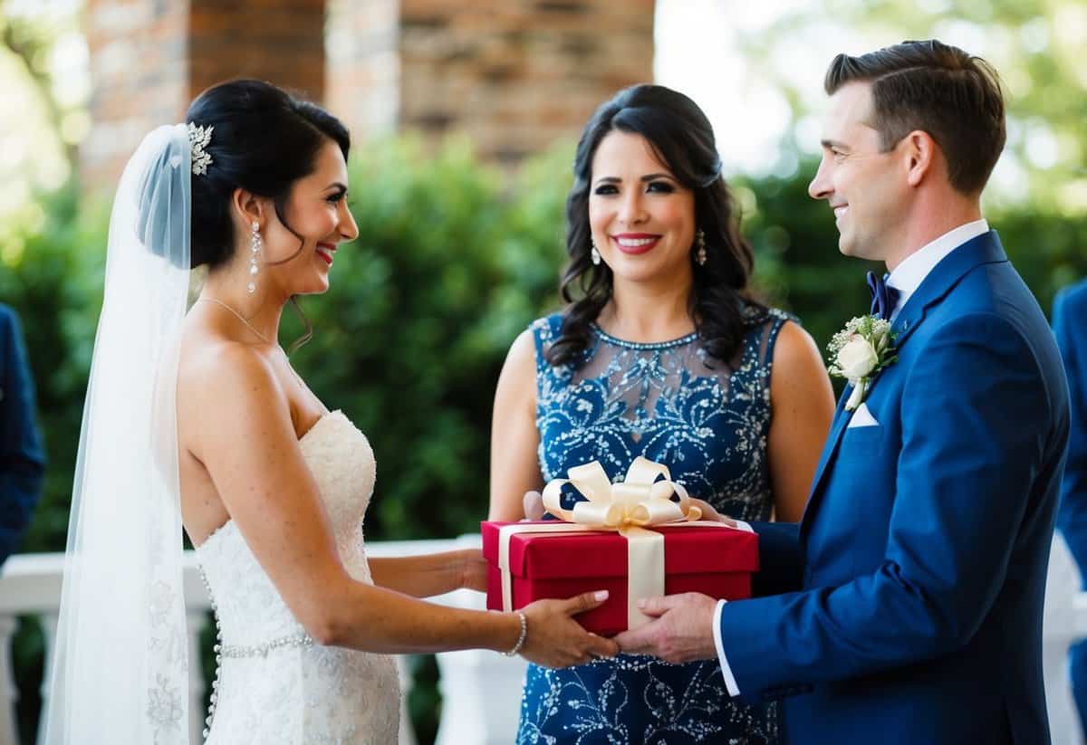 The mother of the groom presents a gift to the bride, symbolizing financial and organizational contributions