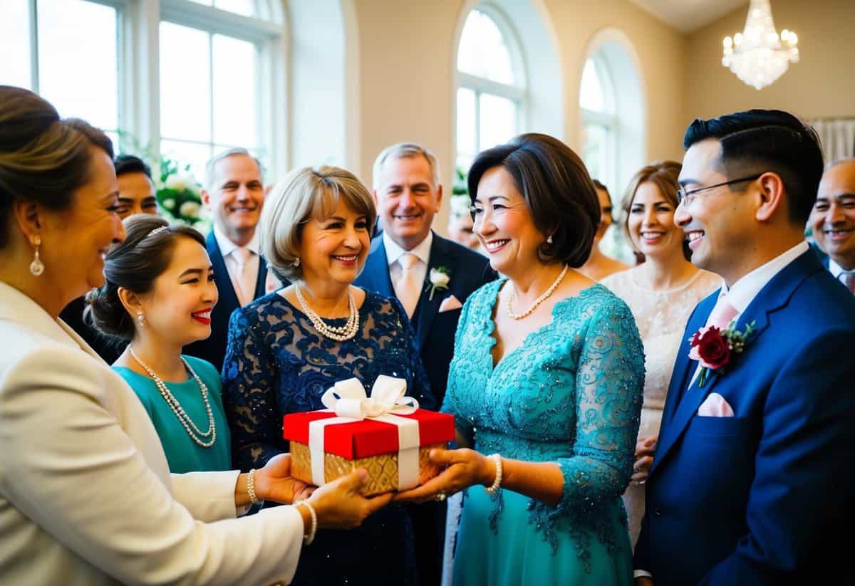 The mother of the groom presents a symbolic gift to the bride, surrounded by smiling family members