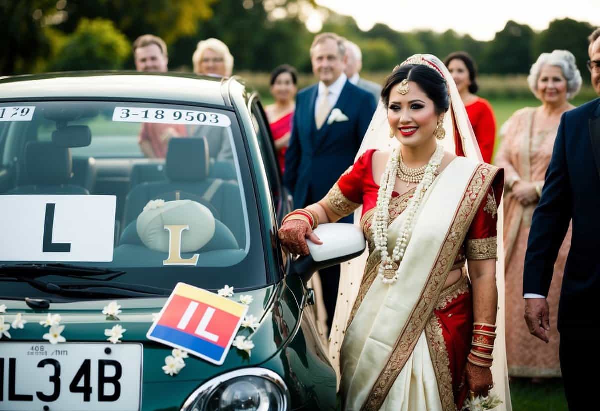A bride stands beside a car adorned with L plates, symbolizing her transition from single life to marriage. She wears traditional bridal attire, surrounded by family and friends