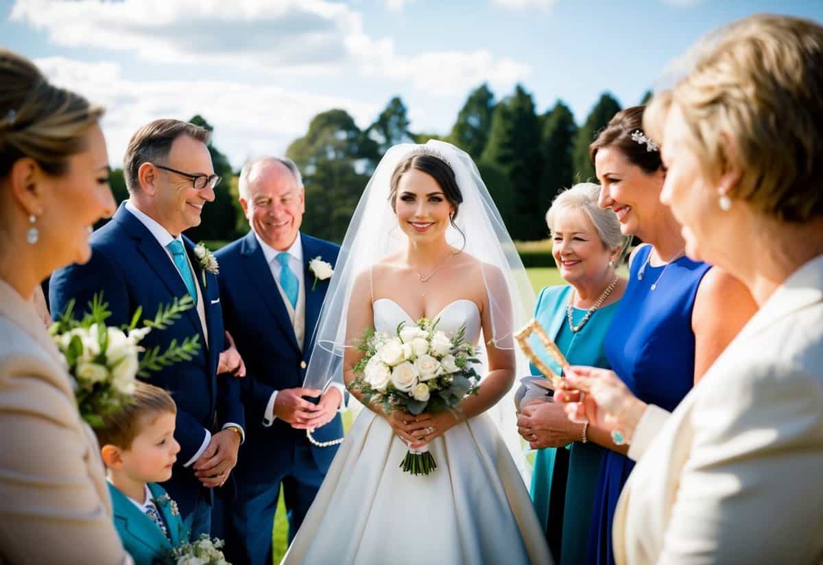 A bride wearing a white gown and a veil, surrounded by family and friends, holding a ceremonial object