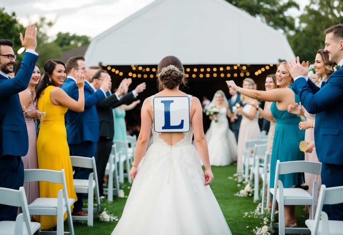 A bride wearing an L plate on her back, walking towards a wedding ceremony venue with a group of friends cheering her on