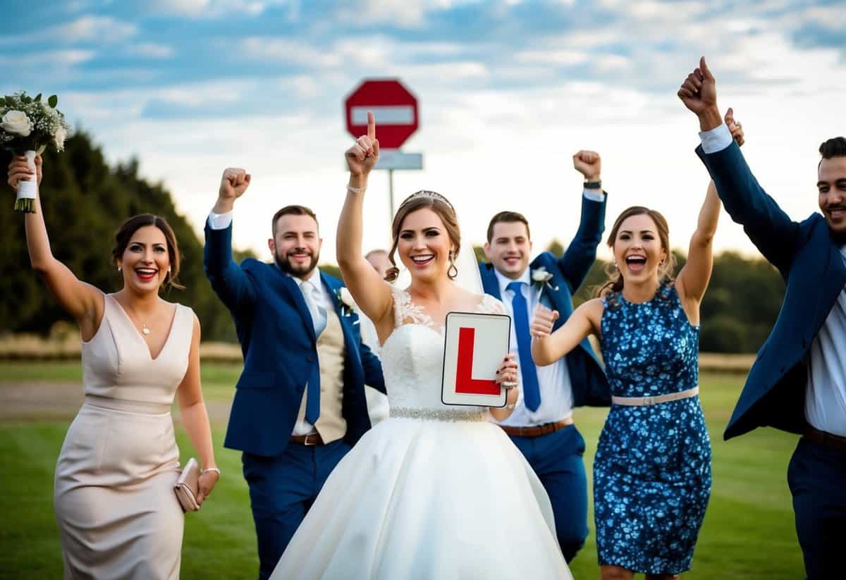A bride wearing an L plate and being cheered on by friends at a post-wedding celebration