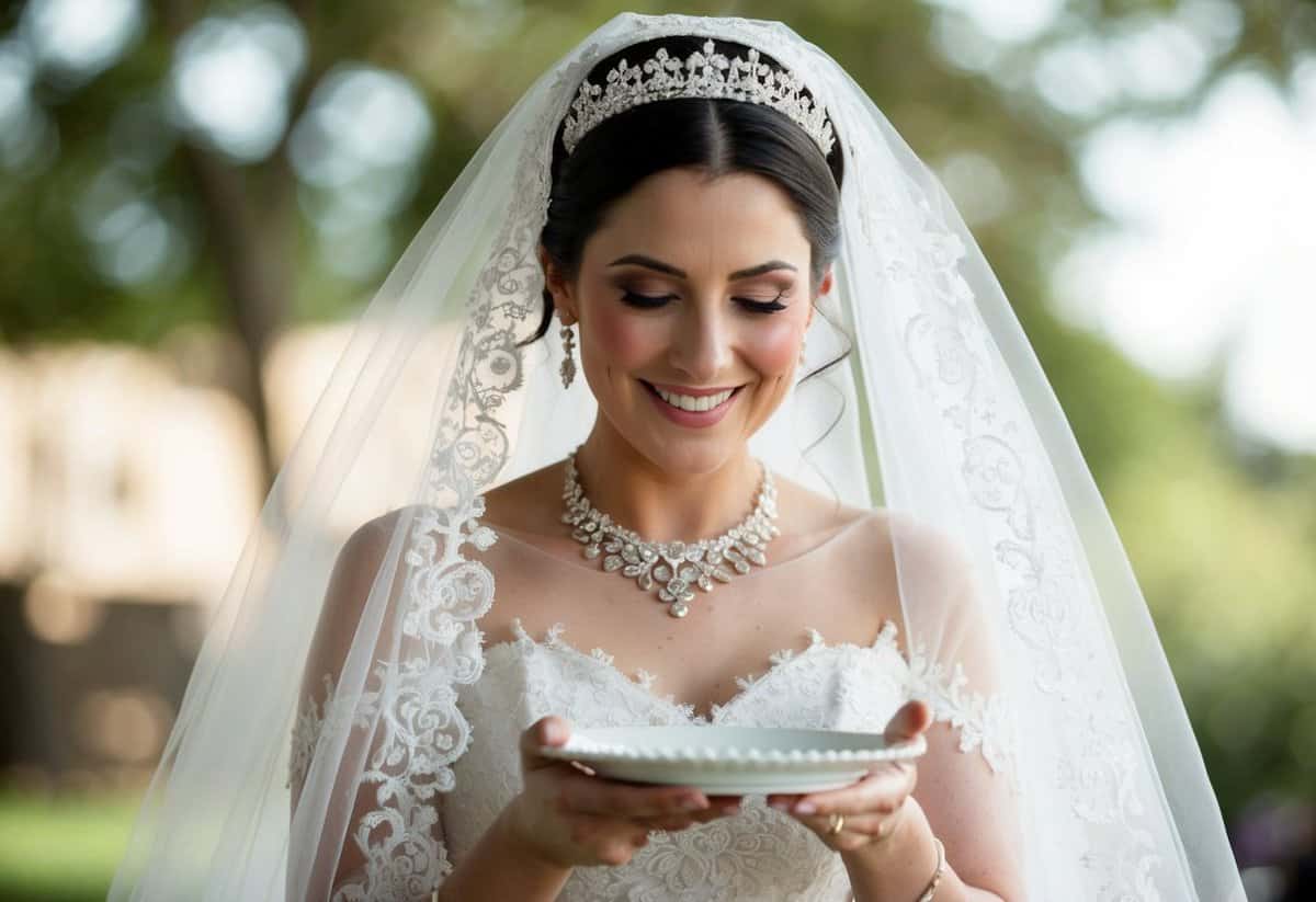 A bride wearing a traditional Jewish wedding gown, adorned with a delicate lace veil and a shimmering tiara, holds a small plate in her hands
