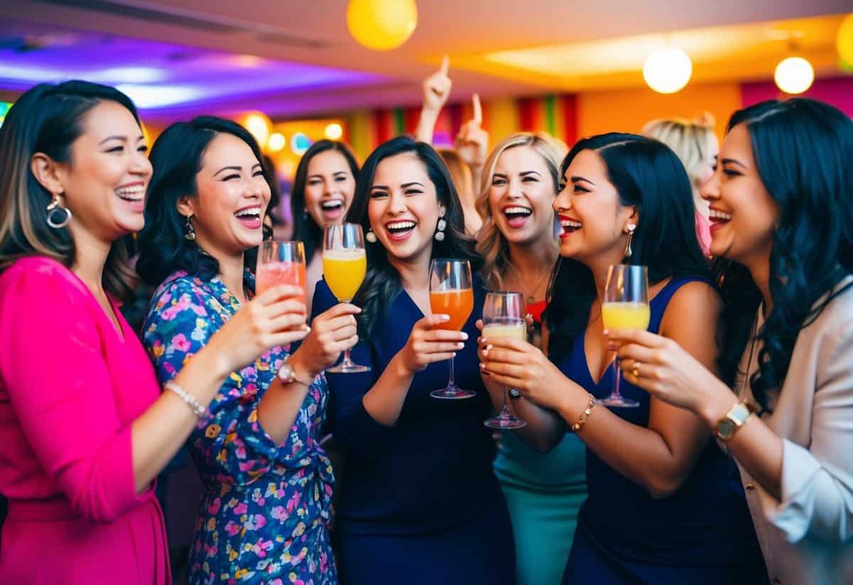 A group of women celebrating with drinks and laughter at a lively, colorful party venue