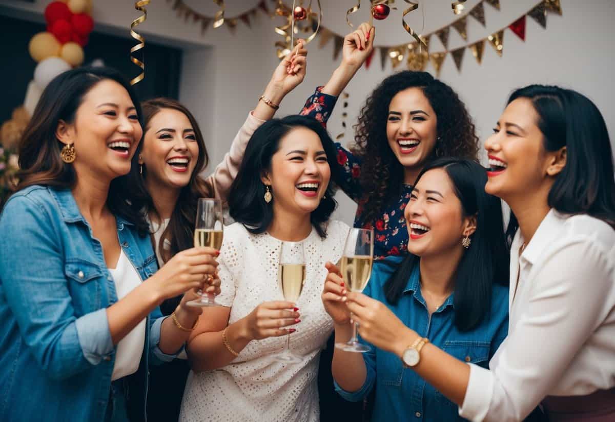 A group of women celebrating together with decorations, music, and laughter