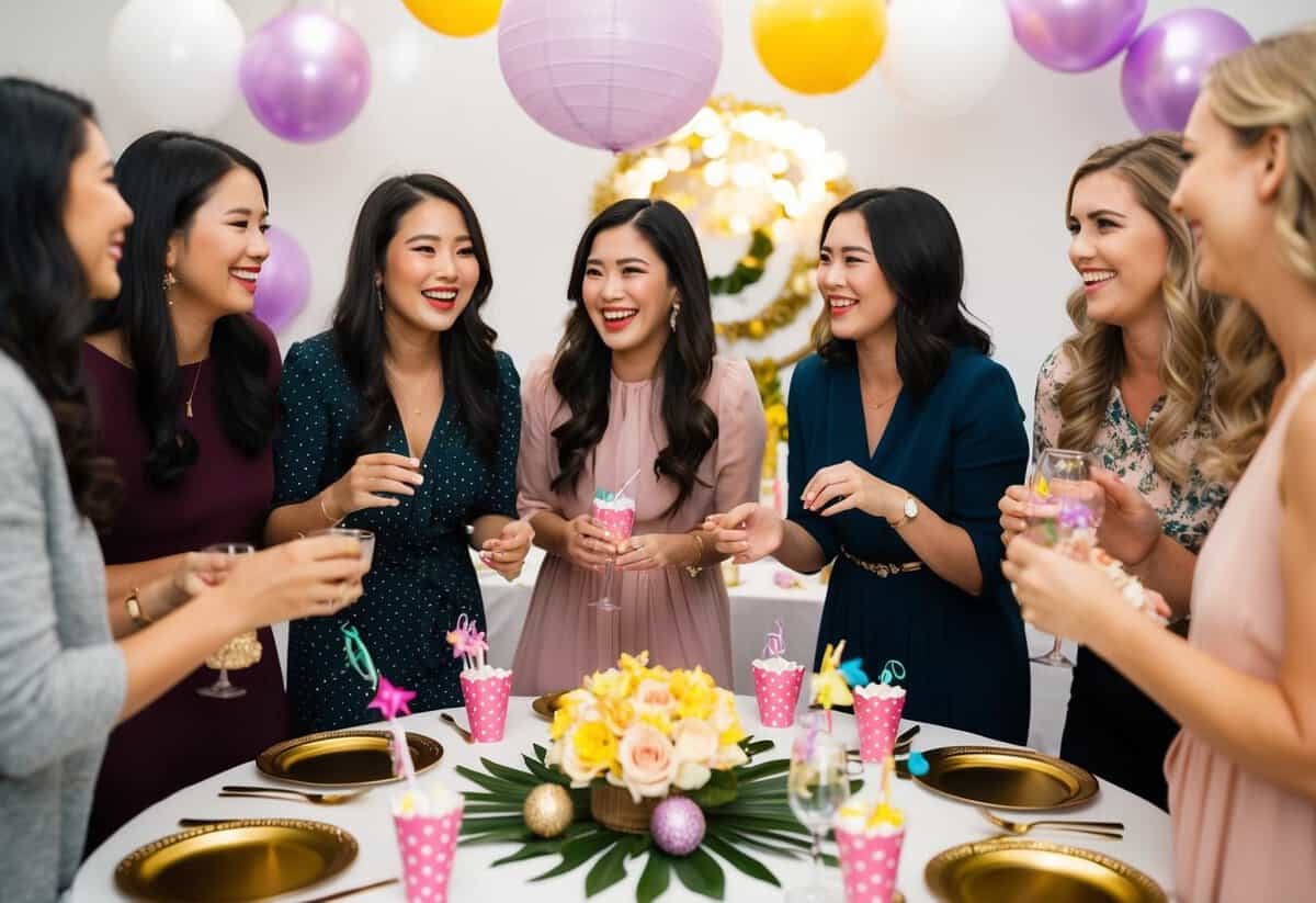A group of women gathered around a table with decorations and party favors, chatting and laughing
