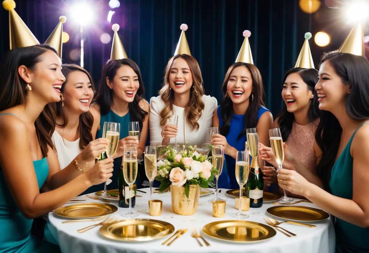A group of women gathered around a table filled with champagne glasses and party favors, laughing and celebrating in a festive atmosphere